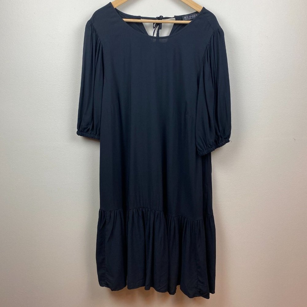 Eloquii Dress 18 Black Shift Tunic Puff Sleeve Lightweight Tie Back Plus New NWT